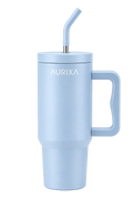 A light blue insulated travel tumbler with a matching lid, integrated handle, and angled straw, featuring the brand name 'AURIXA' printed in white on the front, set against a plain white background.
