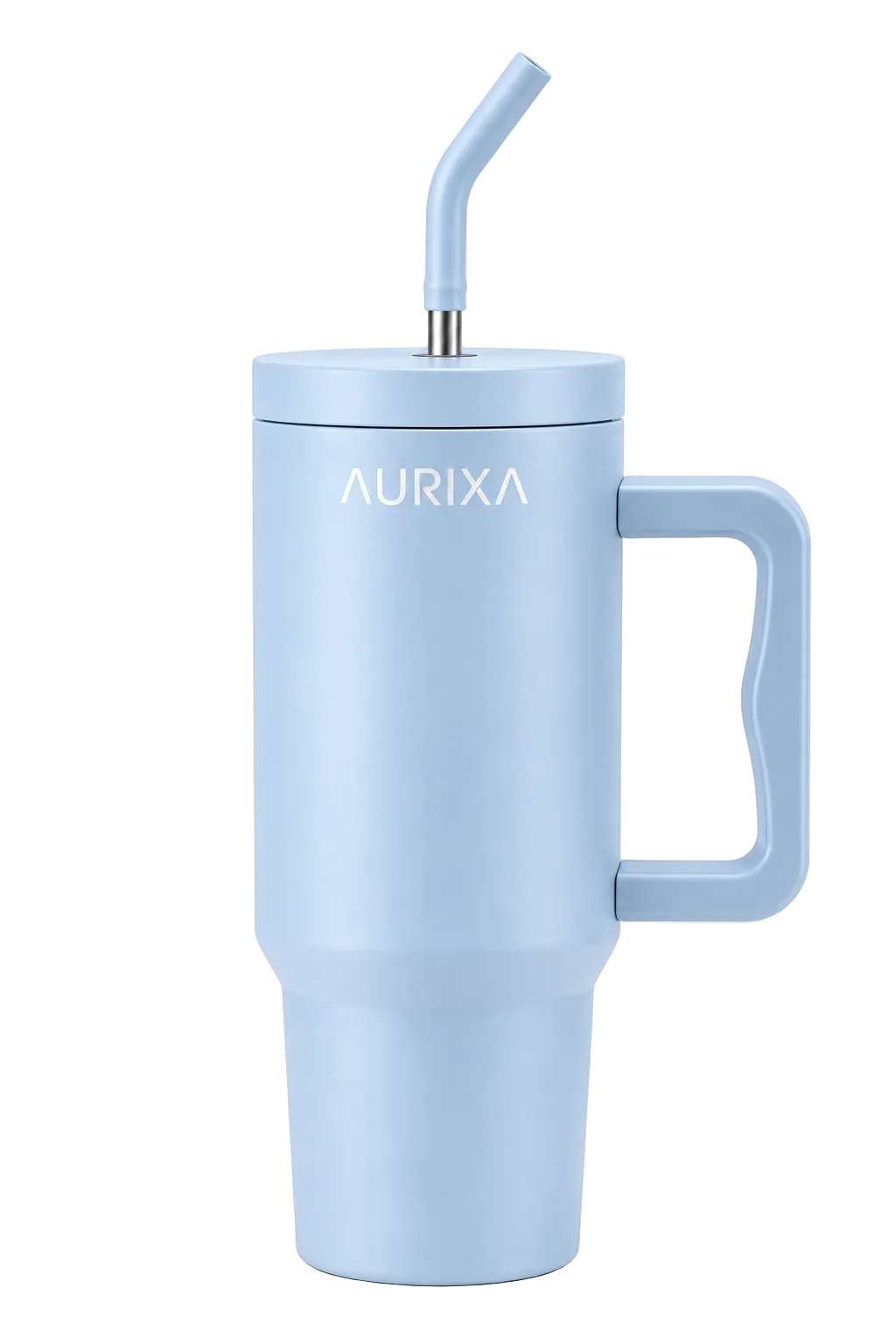 A light blue insulated travel tumbler with a matching lid, integrated handle, and angled straw, featuring the brand name 'AURIXA' printed in white on the front, set against a plain white background.