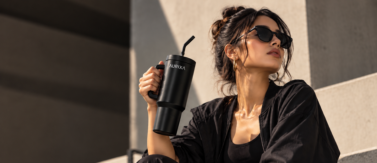 A woman wearing black sunglasses and a black outfit sits on concrete steps, holding a black insulated tumbler with a straw. The tumbler has the brand name 'AURIXA' printed in white on the side.